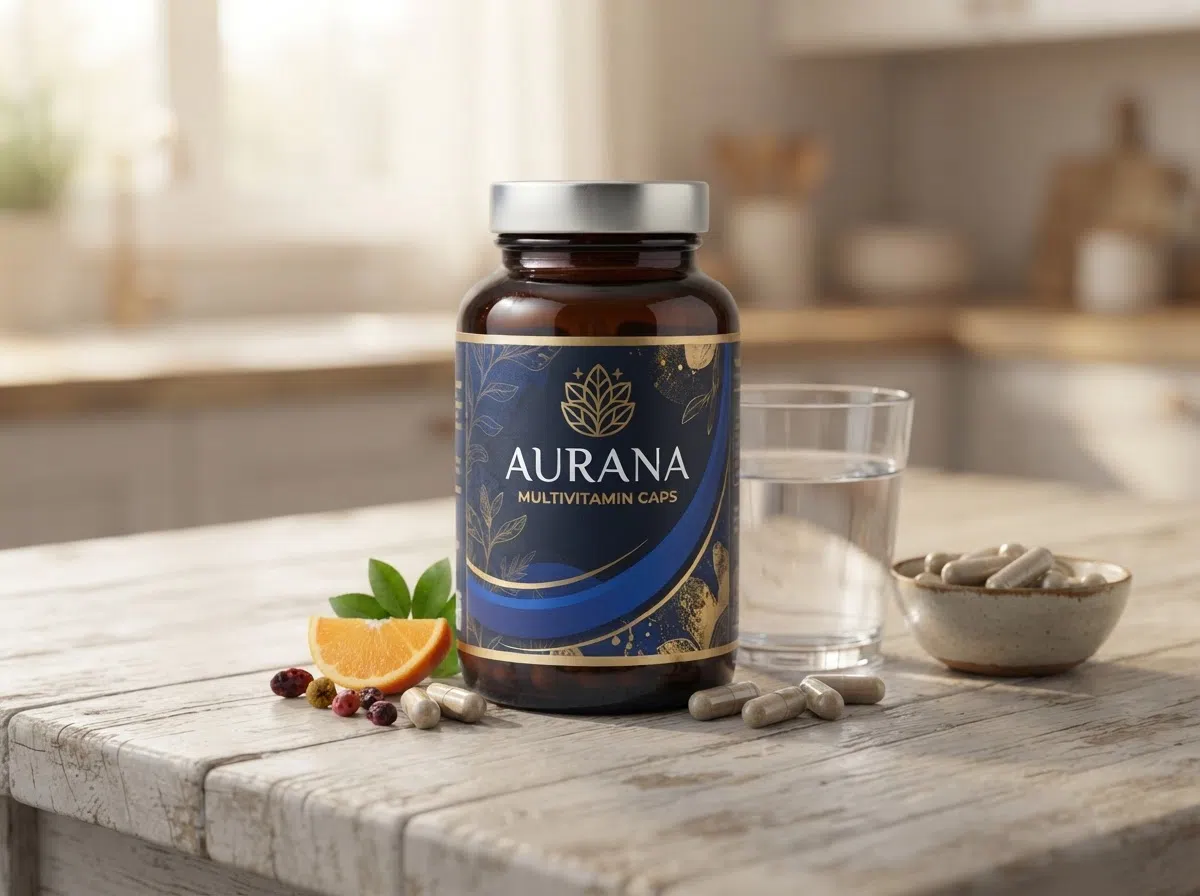 Aurana bottle on shelf with water and breakfast